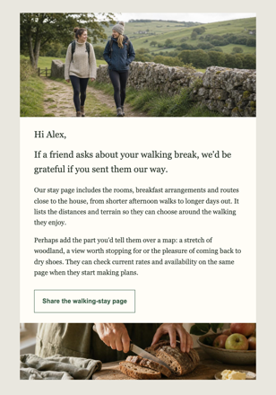 Pousada / hospedagem com café da manhã · Recomende uma escapada para caminhar email design preview