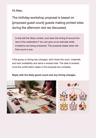 Creative workshop studio · Check details for a private celebration email design preview