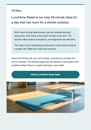 Yoga studio · Add a shorter lunchtime option email design preview