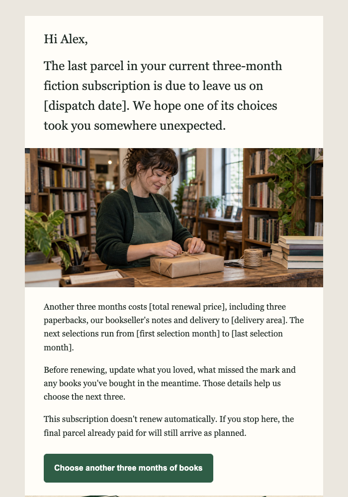 Independent book store · Renew a prepaid book subscription email design preview
