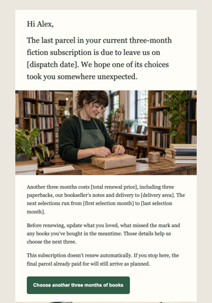 Independent book store · Renew a prepaid book subscription email design preview