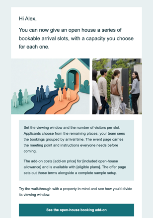 Property viewing app · Introduce an open-house booking add-on email design preview
