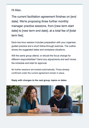 Workplace training · Extend an ongoing facilitator agreement email design preview