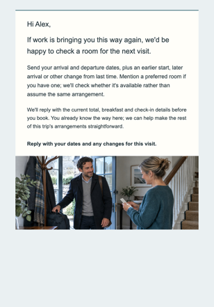 Guest house / bed & breakfast · Make a repeat work stay straightforward email design preview