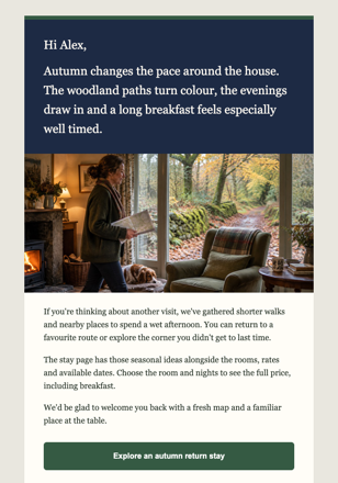 Guest house / bed & breakfast · Suggest a return in another season email design preview