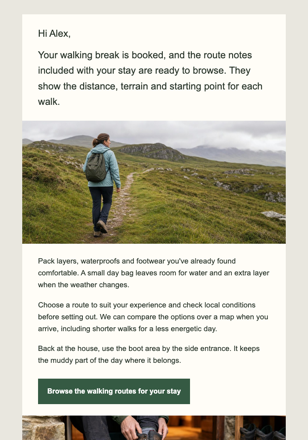 Guest house / bed & breakfast · Help a walking-break guest pack well email design preview