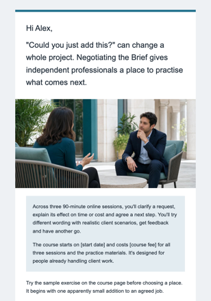 Professional training · Launch a negotiation course built around practice email design preview