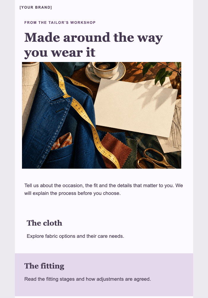 A garment begins with a conversation email design preview