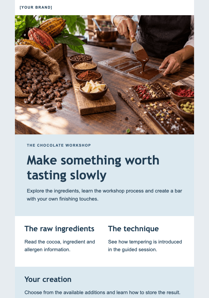 From cocoa to your own chocolate bar email design preview