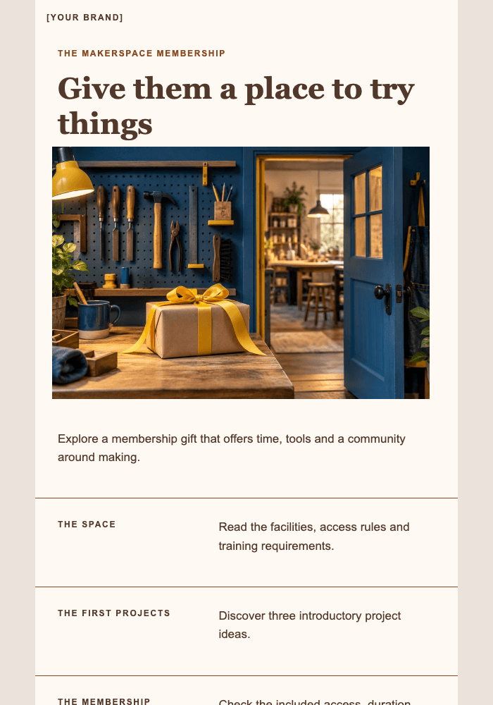 A gift with a workshop door attached email design preview