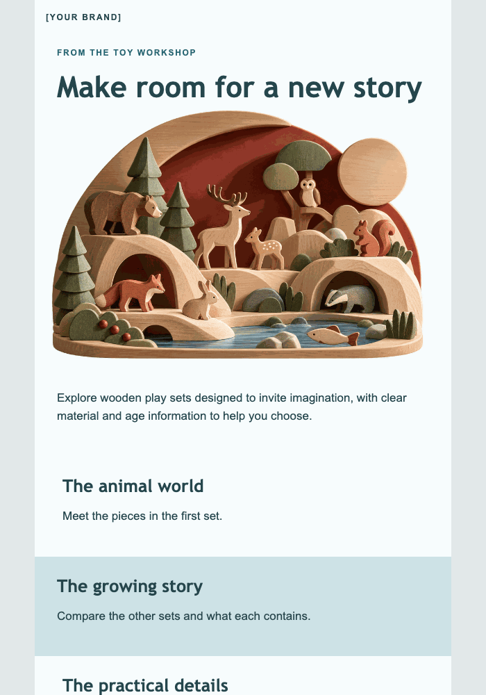 A small wooden world email design preview