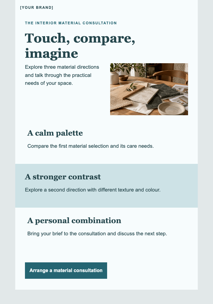 Materials for the room you have in mind email design preview