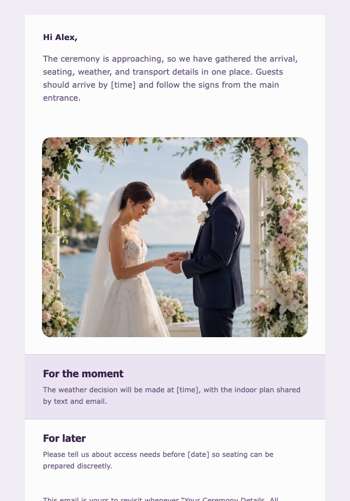 Your Ceremony Details, All Together email design preview