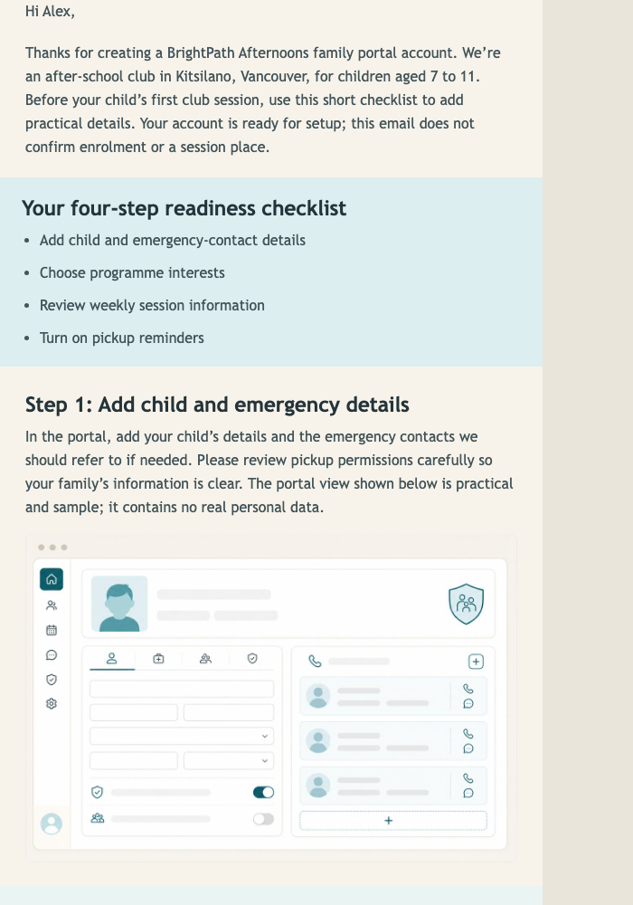 Family Portal Welcome Checklist email design preview