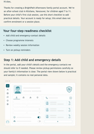 Family Portal Welcome Checklist email design preview