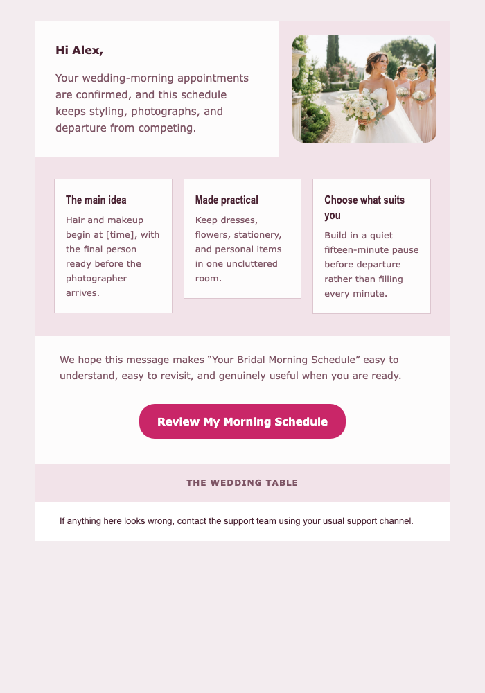 Your Bridal Morning Schedule email design preview