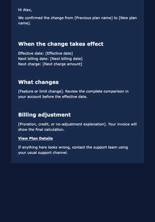 Upgrade Or Downgrade Confirmation email design preview