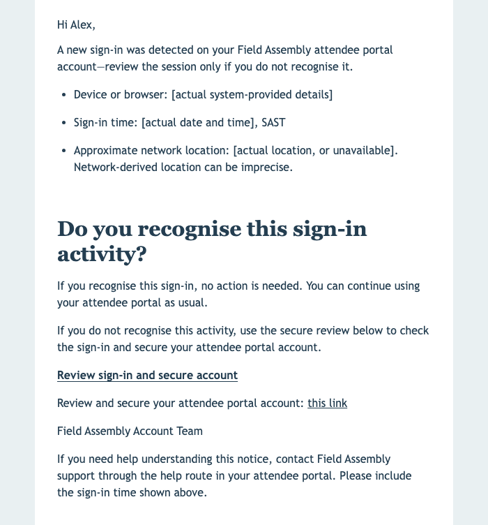 New Attendee Portal Sign-In Alert email design preview