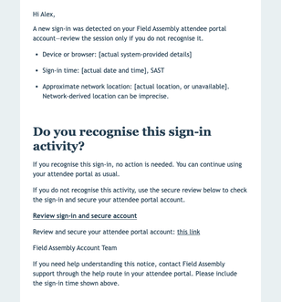 New Attendee Portal Sign-In Alert email design preview