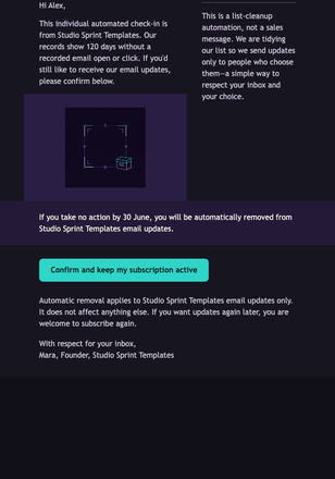 Keep Your Studio Sprint Updates email design preview