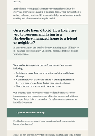 Resident Experience Check-In email design preview