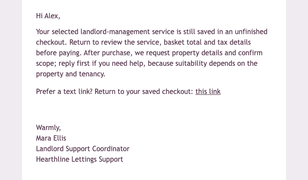 Saved Landlord Service Checkout email design preview