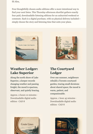 Curated Audio Editions email design preview