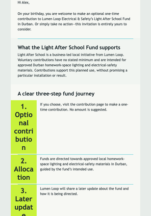 Birthday Light Fund email design preview