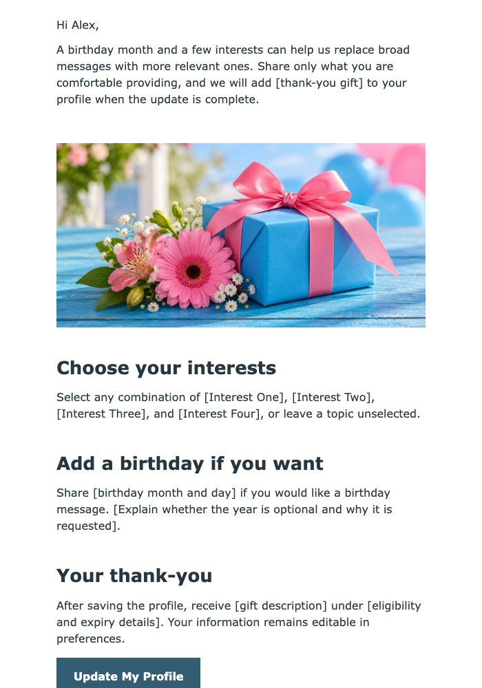 Birthday and Interest Profile Reward email design preview