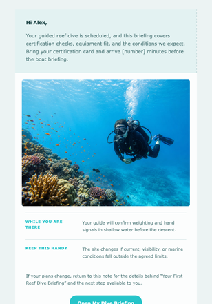 Your First Reef Dive Briefing email design preview