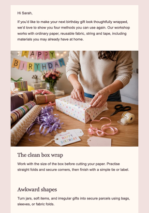 Better Birthday Wrapping Workshop email design preview