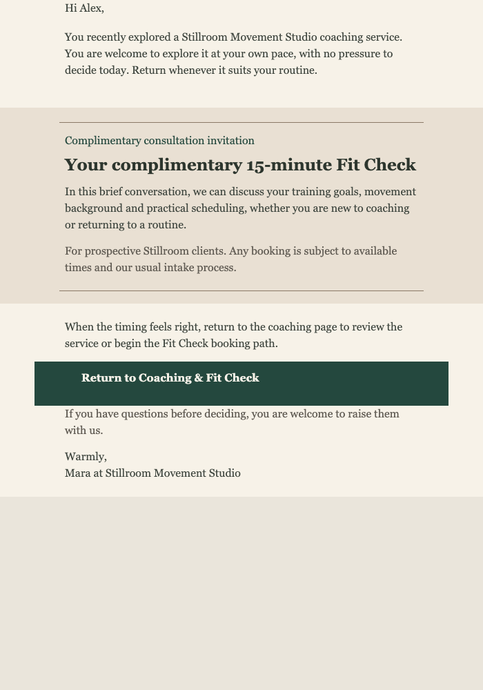 Your Stillroom Fit Check email design preview