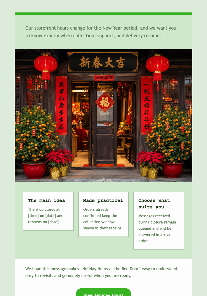 Holiday Hours at the Red Door email design preview