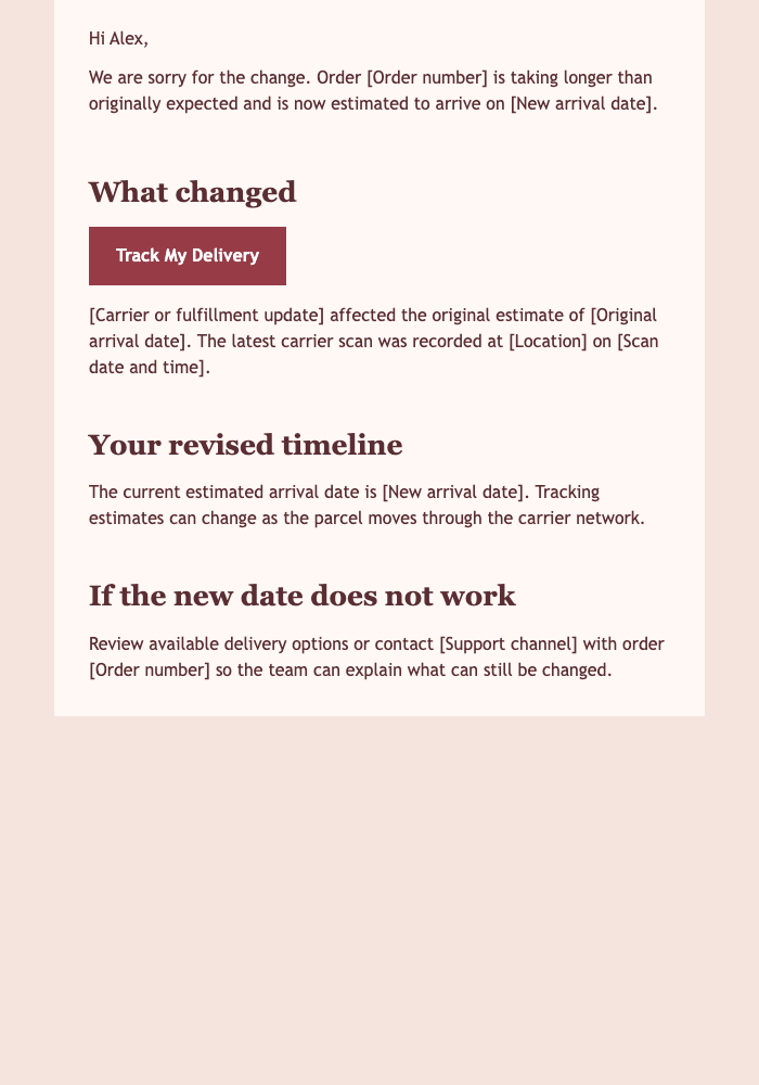Delivery Delay with Revised Arrival Date email design preview