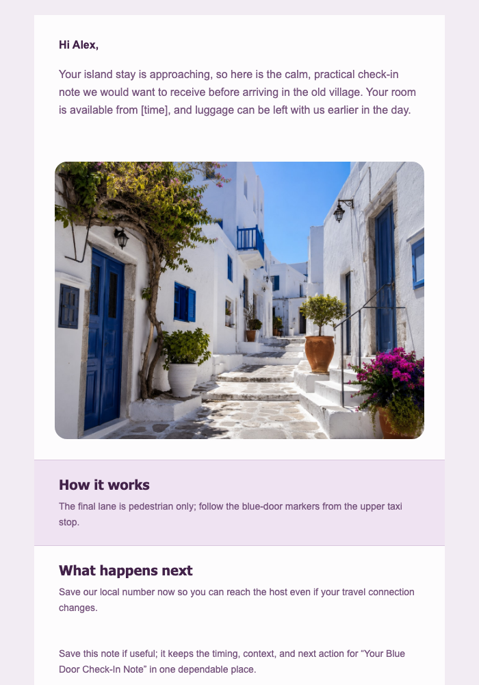 Your Blue Door Check-In Note email design preview