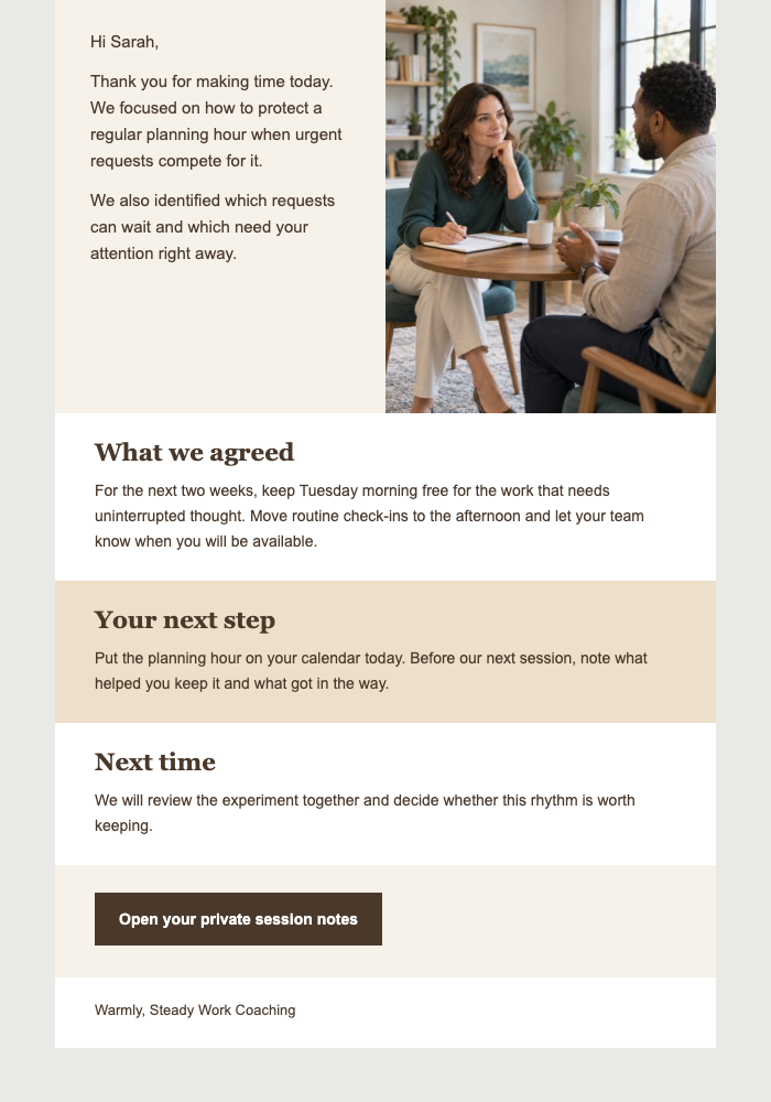 Coaching Session Summary email design preview