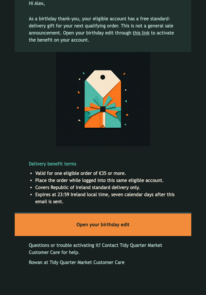 Birthday Delivery Thank-You email design preview