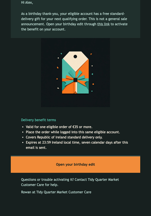 Birthday Delivery Thank-You email design preview