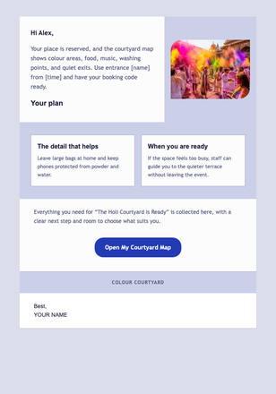 The Holi Courtyard Is Ready email design preview