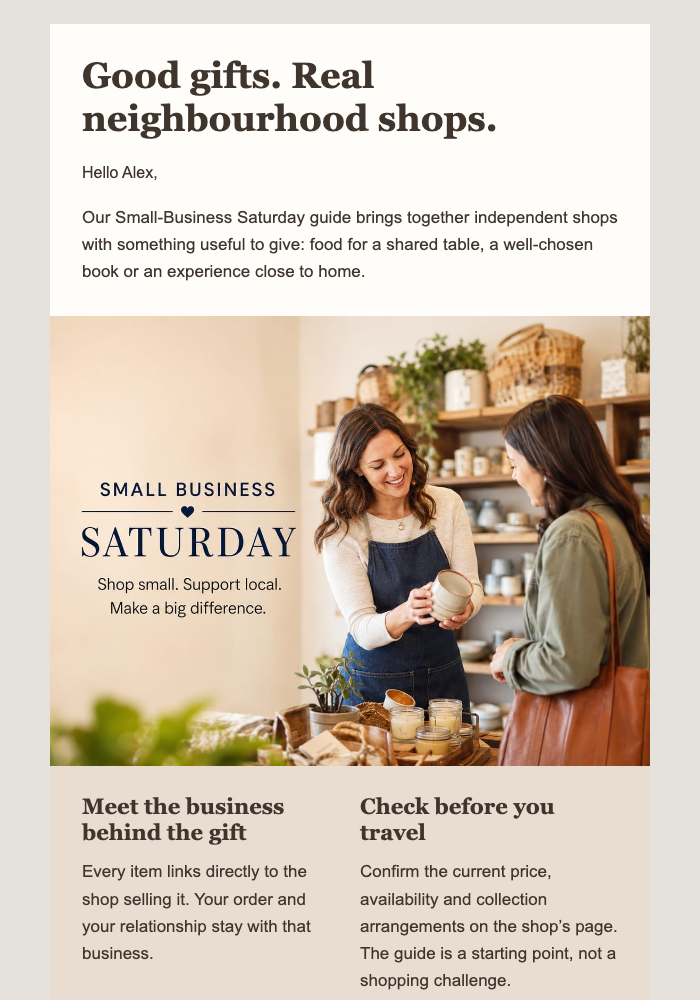 A Small-Business Saturday Gift Guide email design preview