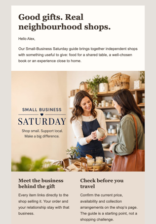 A Small-Business Saturday Gift Guide email design preview