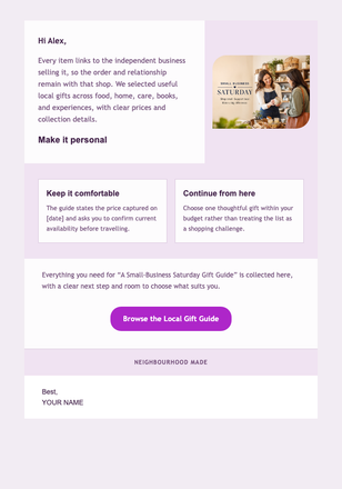 A Small-Business Saturday Gift Guide email design preview