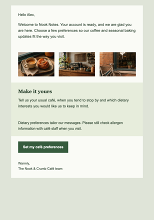 Café Account Welcome email design preview