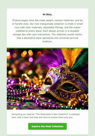 The Maskmaker’s New Collection email design preview
