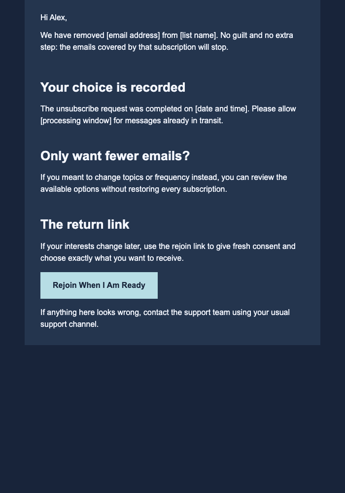 Sunset Unsubscribe Confirmation with Return Link email design preview
