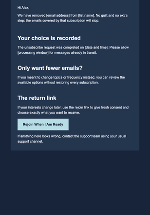 Sunset Unsubscribe Confirmation with Return Link email design preview