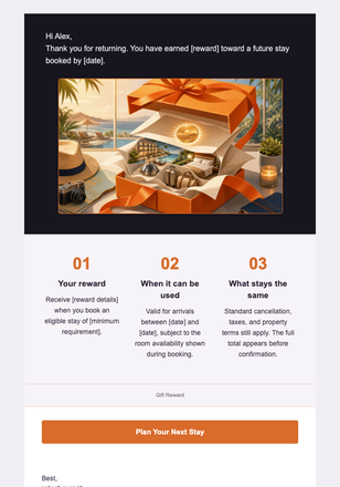 A Reward for Your Next Stay — Travel & Hospitality email design preview