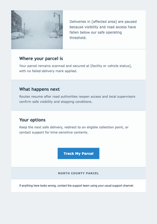 Blizzard Deliveries Paused email design preview