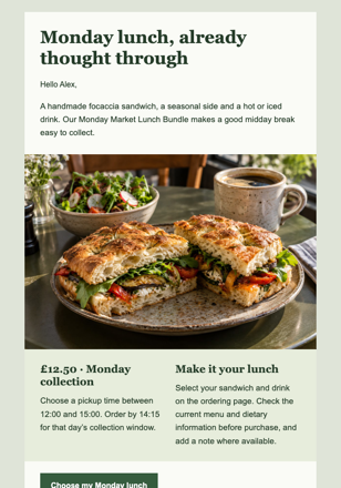 Monday Market Lunch email design preview