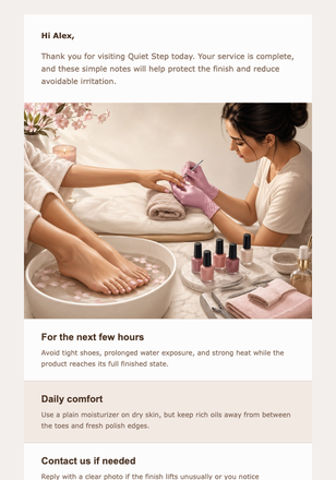 Your Pedicure Aftercare Note email design preview